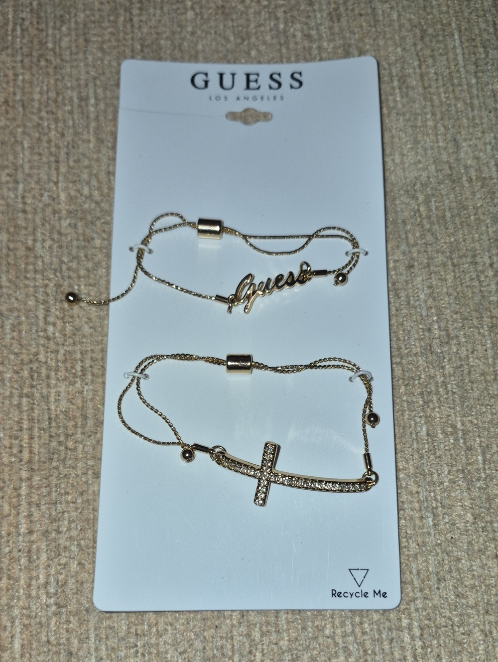 GUESS Gold Script Logo & Crystal Cross Bracelet Duo